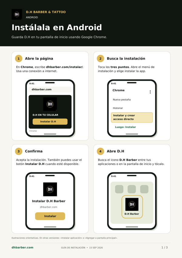 Vista previa de los pasos ilustrados para instalar D.H en Android