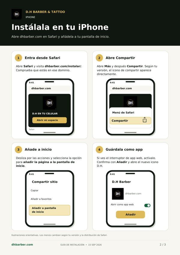 Vista previa de los pasos ilustrados para instalar D.H en iPhone